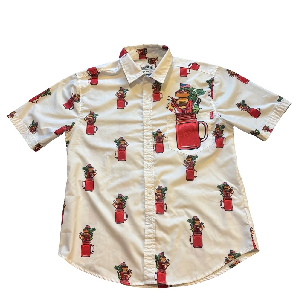 RSVLTS Mens Medium Bloody Mary Graphic Button Down Shirt White Short Sleeve
